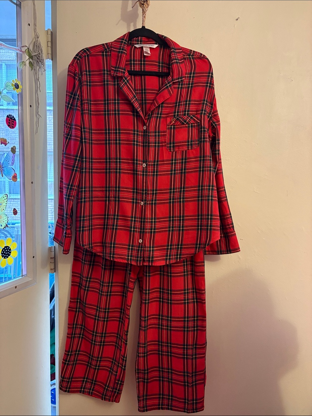 PINK Victoria's Secret Red Plaid Button-Front Pajama Set. Cotton. MODAL